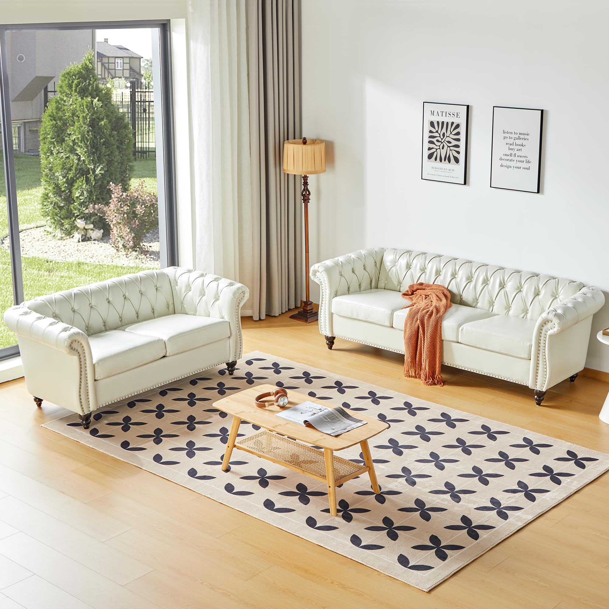 QHITTY 3 Piece Living Room Set, Sectional Chesterfield Sofa Chair Contemporary Upholstered Leather Loveseat Couch Sets for Living Room, Bedroom, Office