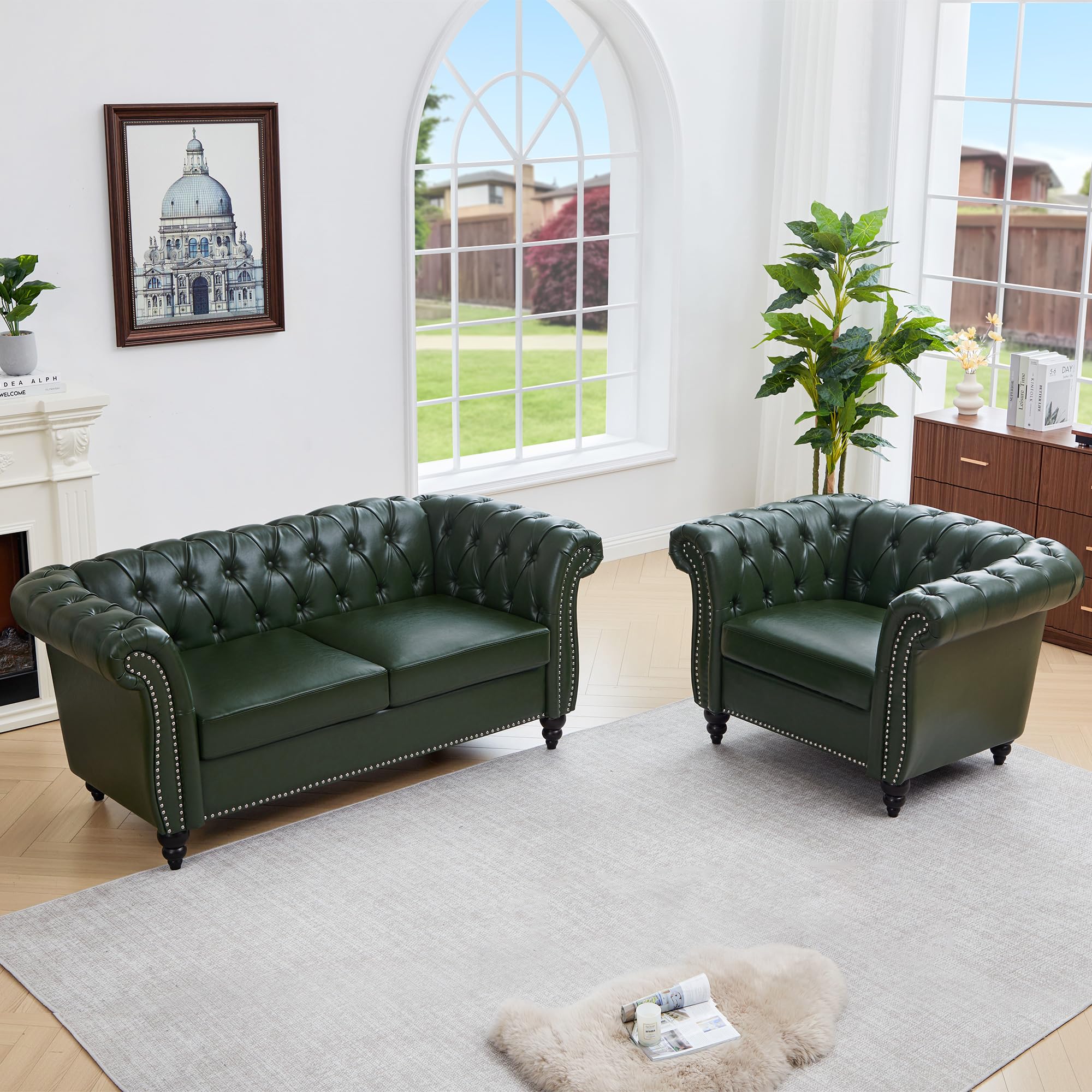 QHITTY 3 Piece Living Room Set, Sectional Chesterfield Sofa Chair Contemporary Upholstered Leather Loveseat Couch Sets for Living Room, Bedroom, Office