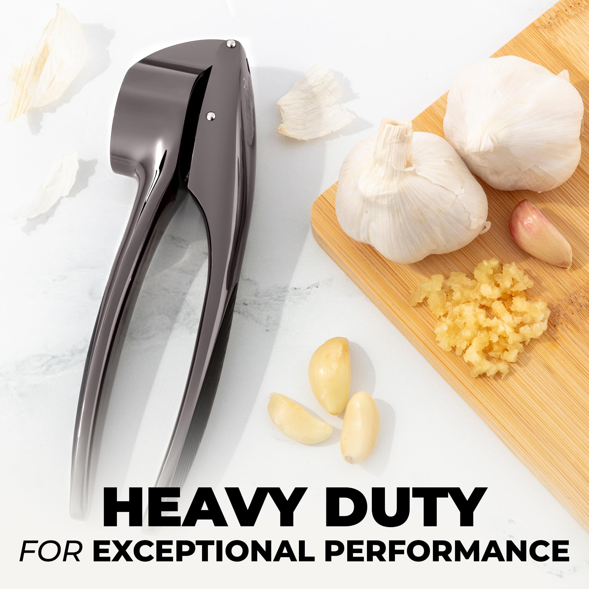 Zulay Kitchen Premium Garlic Press Set - Rust Proof Professional Garlic Mincer Tool - Easy-Squeeze, Easy-Clean with Soft, Ergonomic Handle - Silicone Garlic Peeler & Brush (Silver)