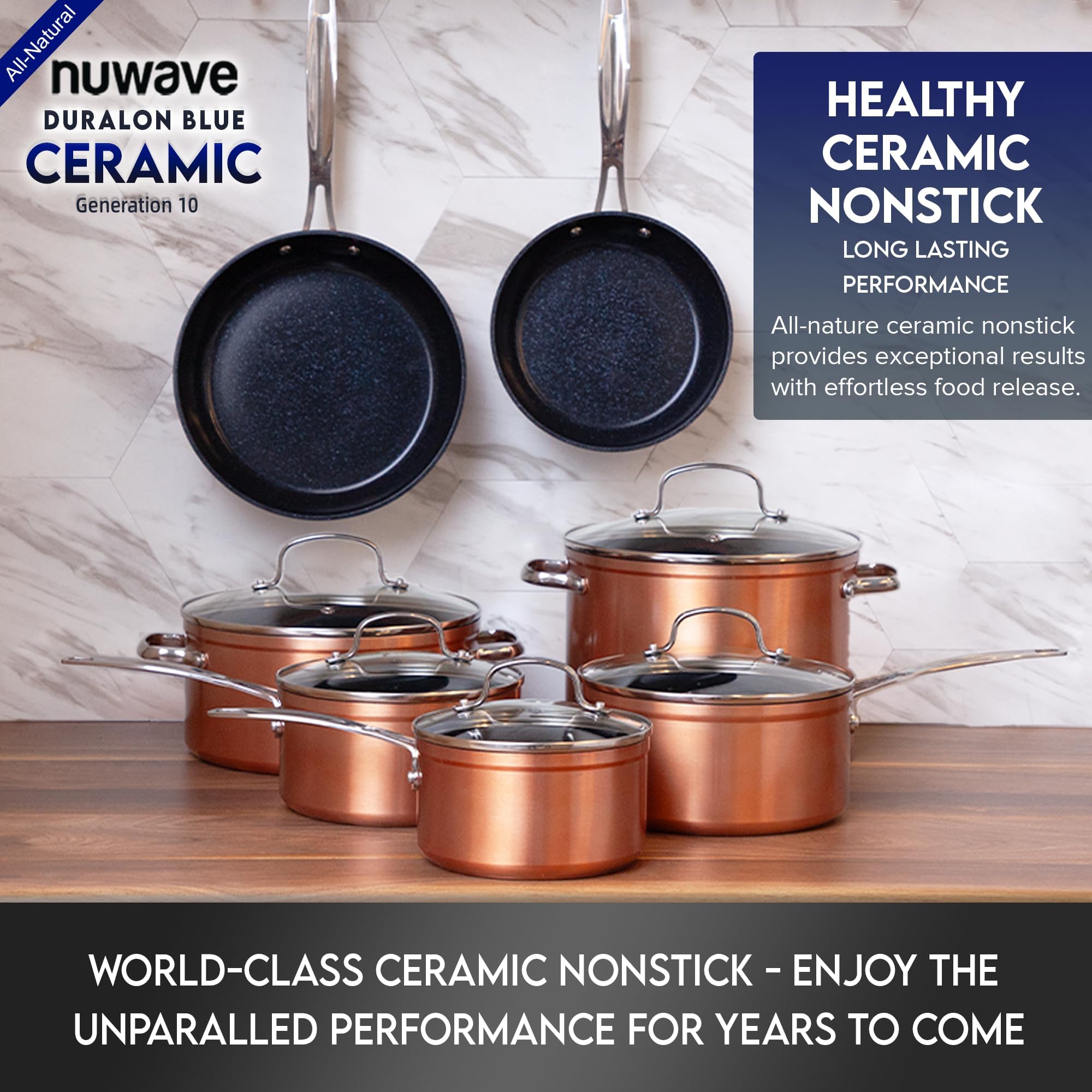 Nuwave Healthy Duralon Blue Ceramic Nonstick Cookware Set, Diamond Infused Scratch-Resistant, PFAS Free, Dishwasher & Oven Safe, Induction Ready & Evenly Heats, Tempered Glass Lids & Stay-Cool Handles