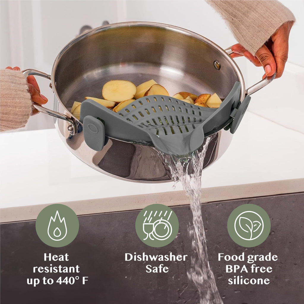 Kitchen Gizmo Snap N' Strain - Silicone Pasta Strainer Clip-On for Pots and Pans - Heat Resistant Colander for Vegetables and Noodles - Kitchen Gadgets for Cooking - Space-Saving Design - Gray