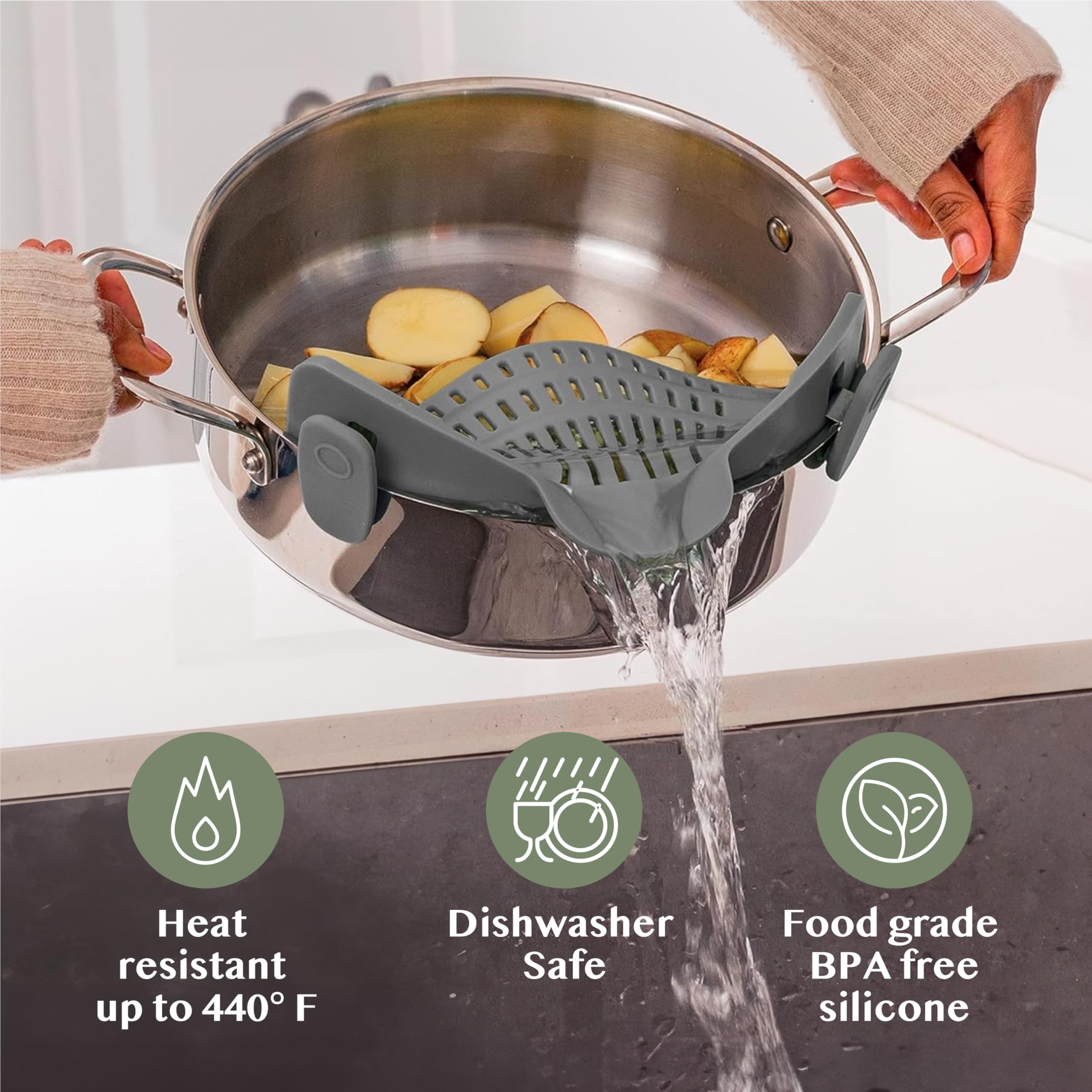 Kitchen Gizmo Snap N' Strain - Silicone Pasta Strainer Clip-On for Pots and Pans - Heat Resistant Colander for Vegetables and Noodles - Kitchen Gadgets for Cooking - Space-Saving Design - Gray