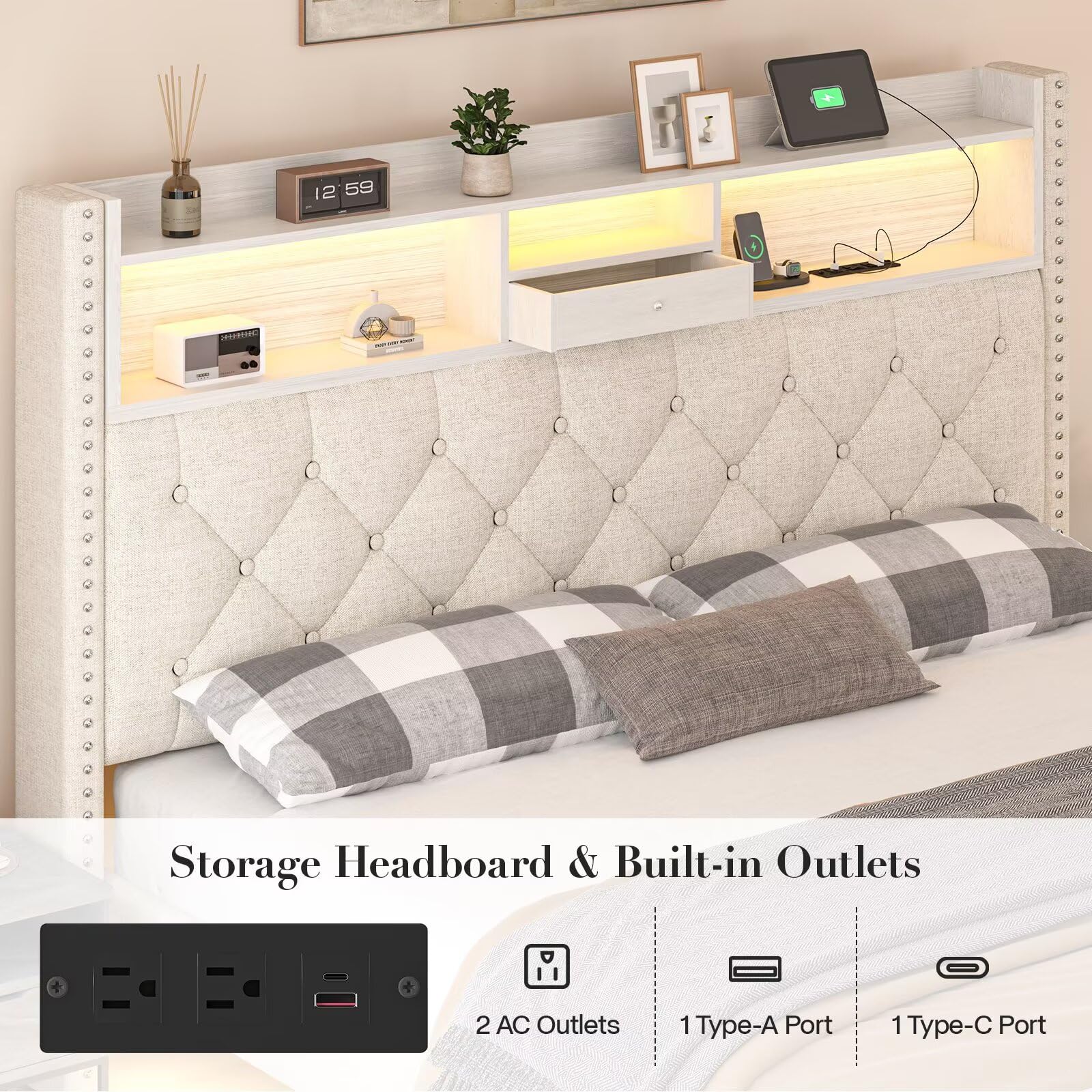 Linen Full Size Bed Frame with 2-Tier Storage Headboard and Charging Station, Upholstered Platform Bed Frames with 2 Storage Drawers, Wooden Slats Support, No Box Spring Needed, Black