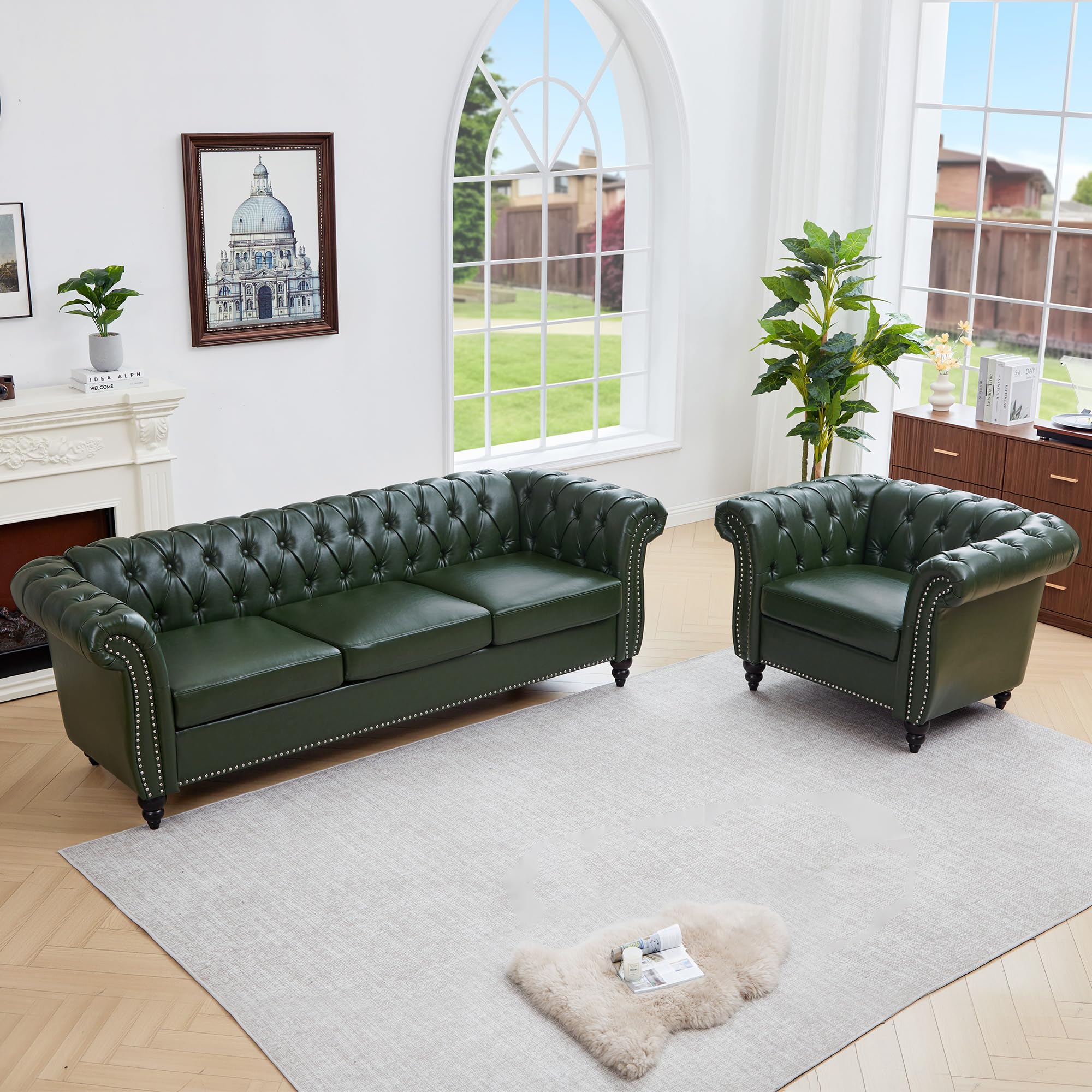 QHITTY 3 Piece Living Room Set, Sectional Chesterfield Sofa Chair Contemporary Upholstered Leather Loveseat Couch Sets for Living Room, Bedroom, Office