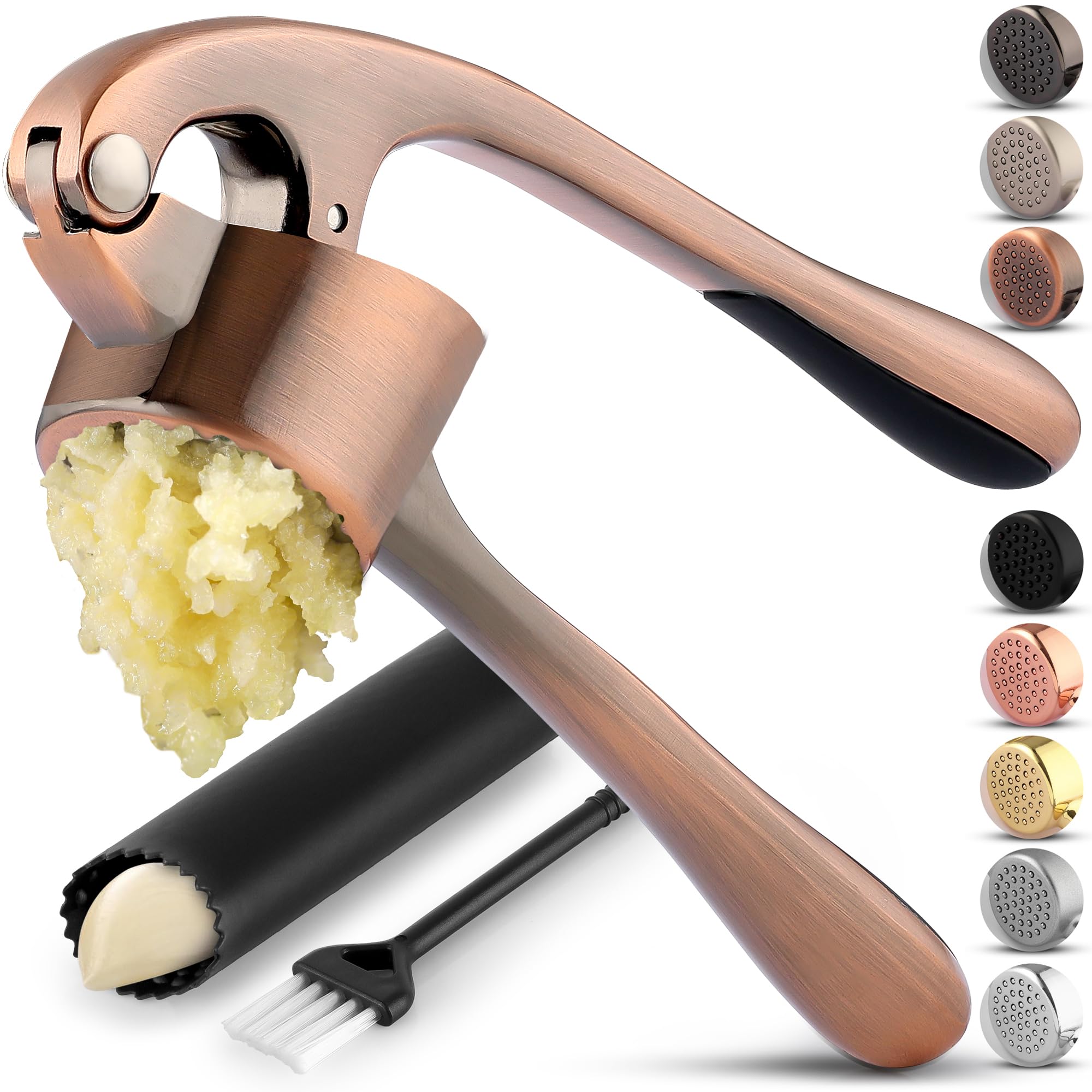 Zulay Kitchen Premium Garlic Press Set - Rust Proof Professional Garlic Mincer Tool - Easy-Squeeze, Easy-Clean with Soft, Ergonomic Handle - Silicone Garlic Peeler & Brush (Silver)