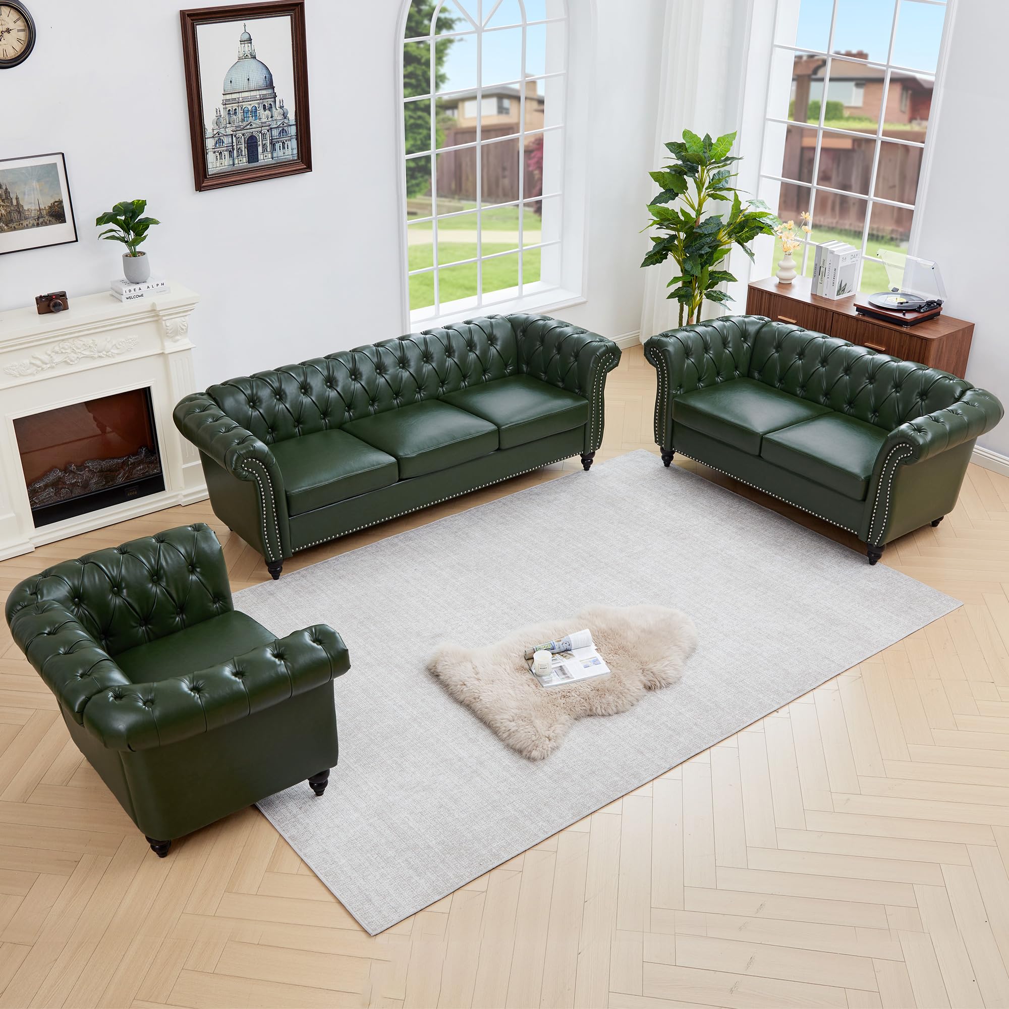 QHITTY 3 Piece Living Room Set, Sectional Chesterfield Sofa Chair Contemporary Upholstered Leather Loveseat Couch Sets for Living Room, Bedroom, Office