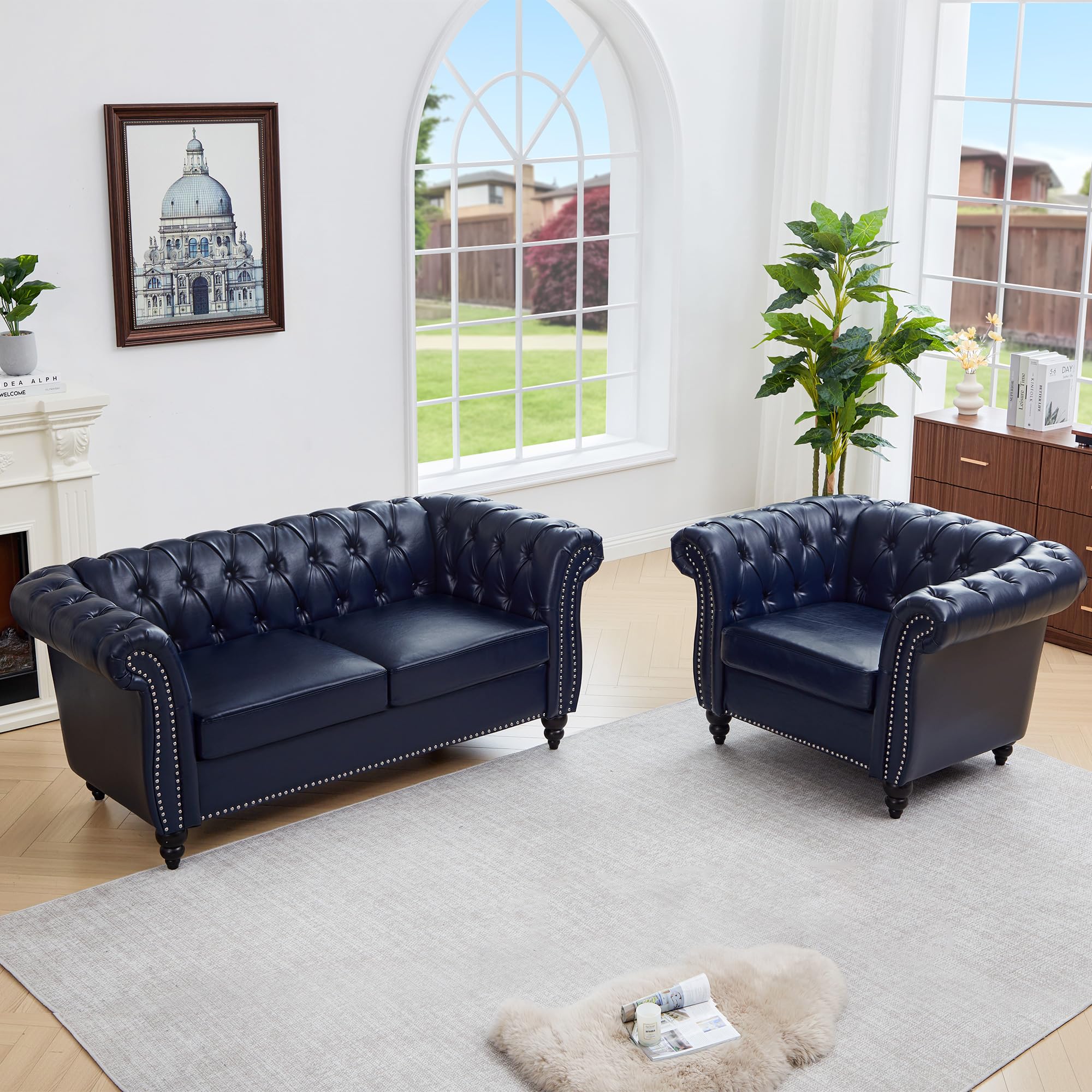 QHITTY 3 Piece Living Room Set, Sectional Chesterfield Sofa Chair Contemporary Upholstered Leather Loveseat Couch Sets for Living Room, Bedroom, Office