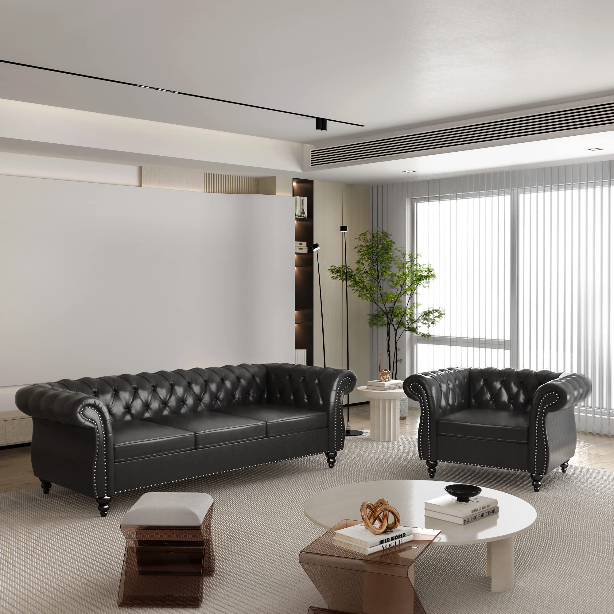 QHITTY 3 Piece Living Room Set, Sectional Chesterfield Sofa Chair Contemporary Upholstered Leather Loveseat Couch Sets for Living Room, Bedroom, Office