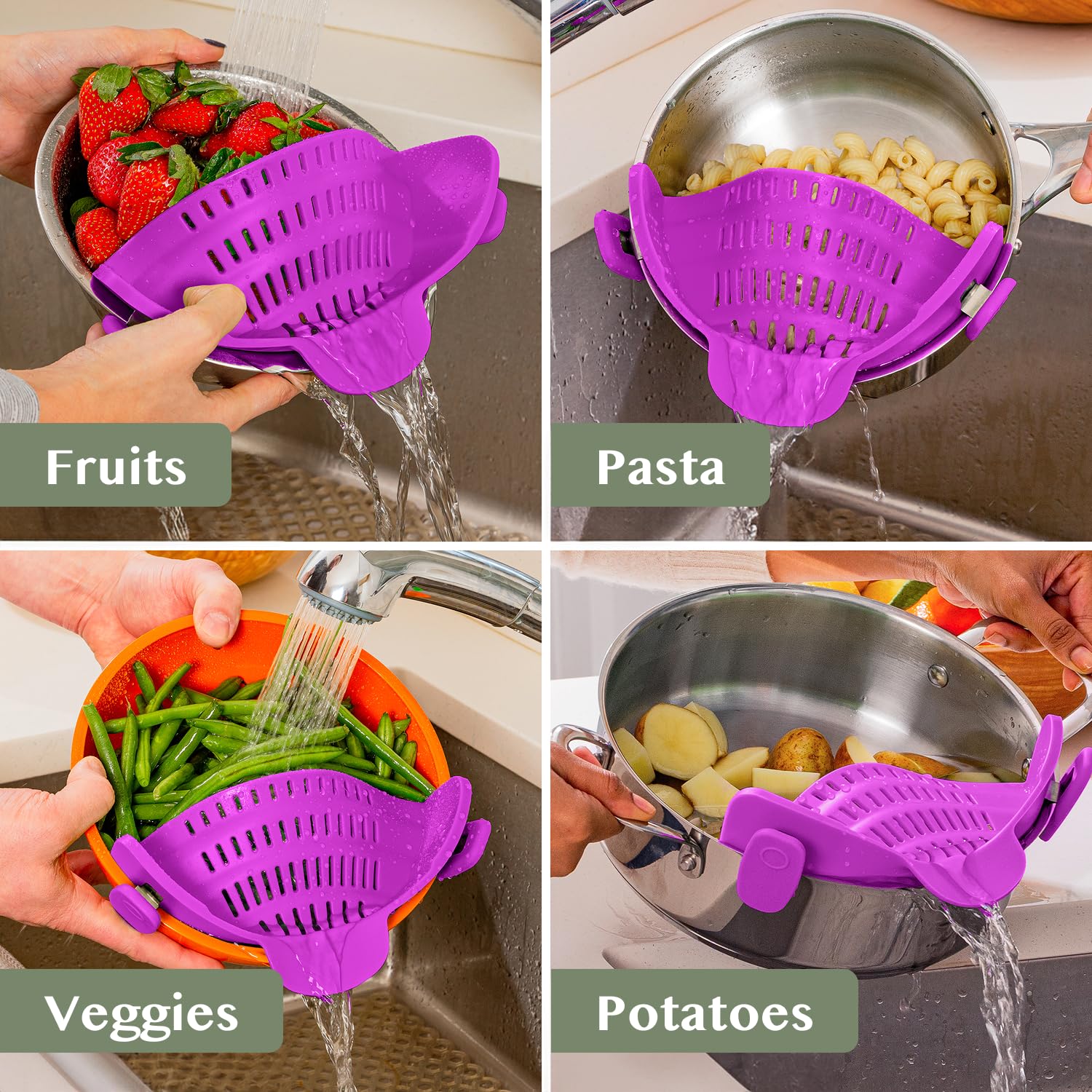 Kitchen Gizmo Snap N' Strain - Silicone Pasta Strainer Clip-On for Pots and Pans - Heat Resistant Colander for Vegetables and Noodles - Kitchen Gadgets for Cooking - Space-Saving Design - Gray
