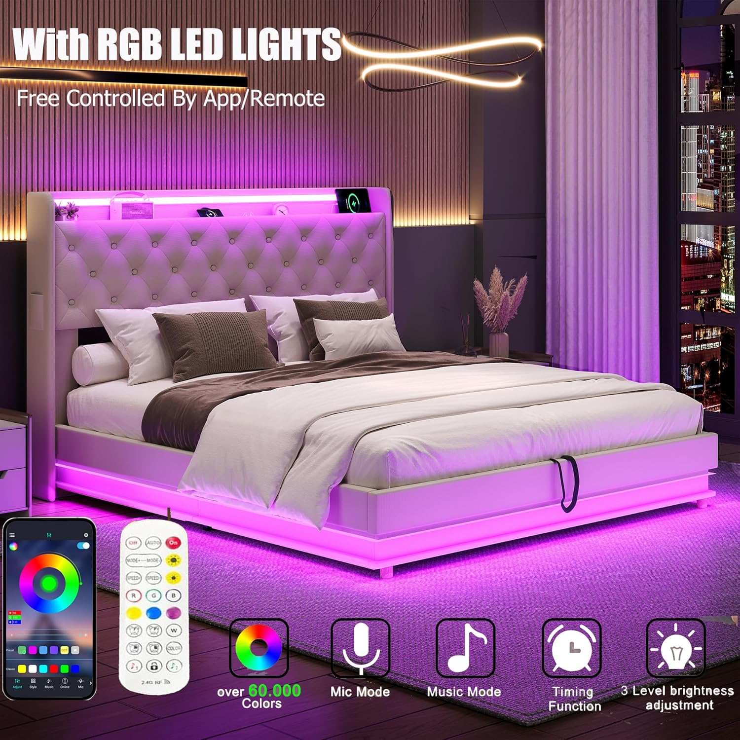 Lift Up Storage Queen Bed, Upholstered Platform Bed with Button Tufted Wingback Storage Headboard, Bed Frame Queen Size with Led Lights and Charging Station, No Box Spring Needed, Grey