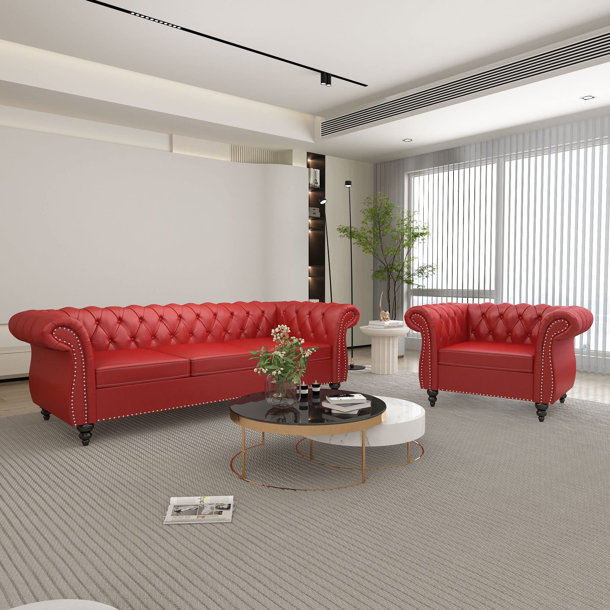 QHITTY 3 Piece Living Room Set, Sectional Chesterfield Sofa Chair Contemporary Upholstered Leather Loveseat Couch Sets for Living Room, Bedroom, Office