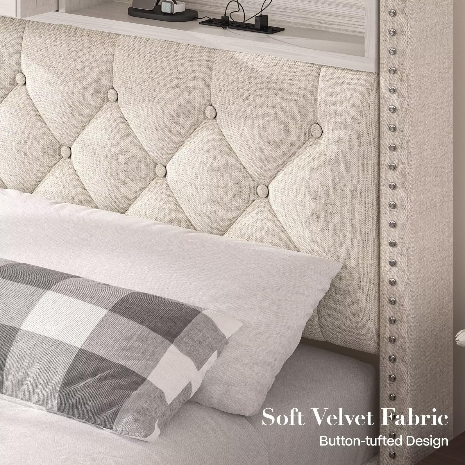 Linen Full Size Bed Frame with 2-Tier Storage Headboard and Charging Station, Upholstered Platform Bed Frames with 2 Storage Drawers, Wooden Slats Support, No Box Spring Needed, Black