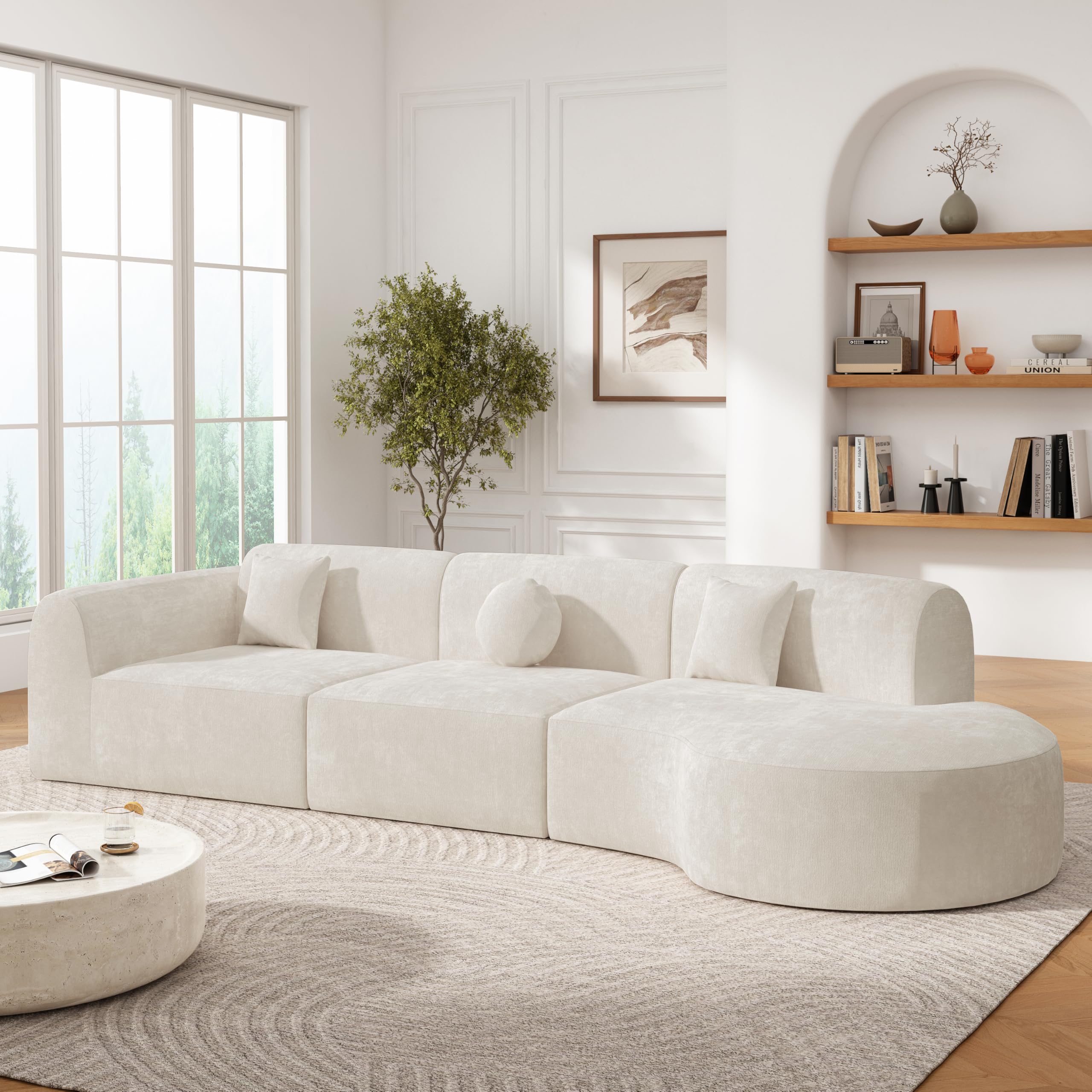 Merax 140" Curved Polyester Sectional Sofa Set, Modern Cloud Couch with Chaise Lounge & 3 Pillows, Fully Assembled for Living Room, Beige