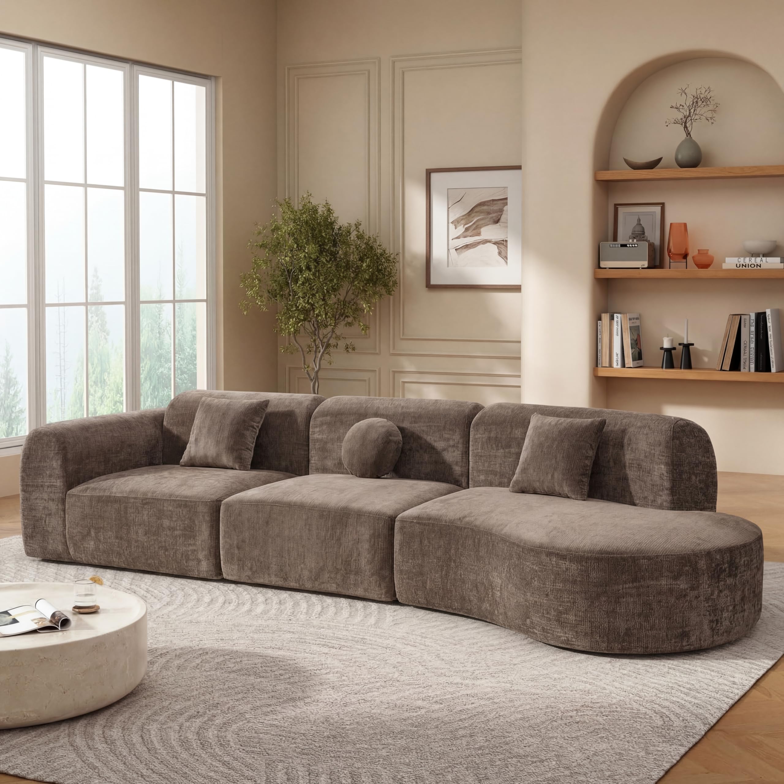 Merax 140" Curved Polyester Sectional Sofa Set, Modern Cloud Couch with Chaise Lounge & 3 Pillows, Fully Assembled for Living Room, Beige