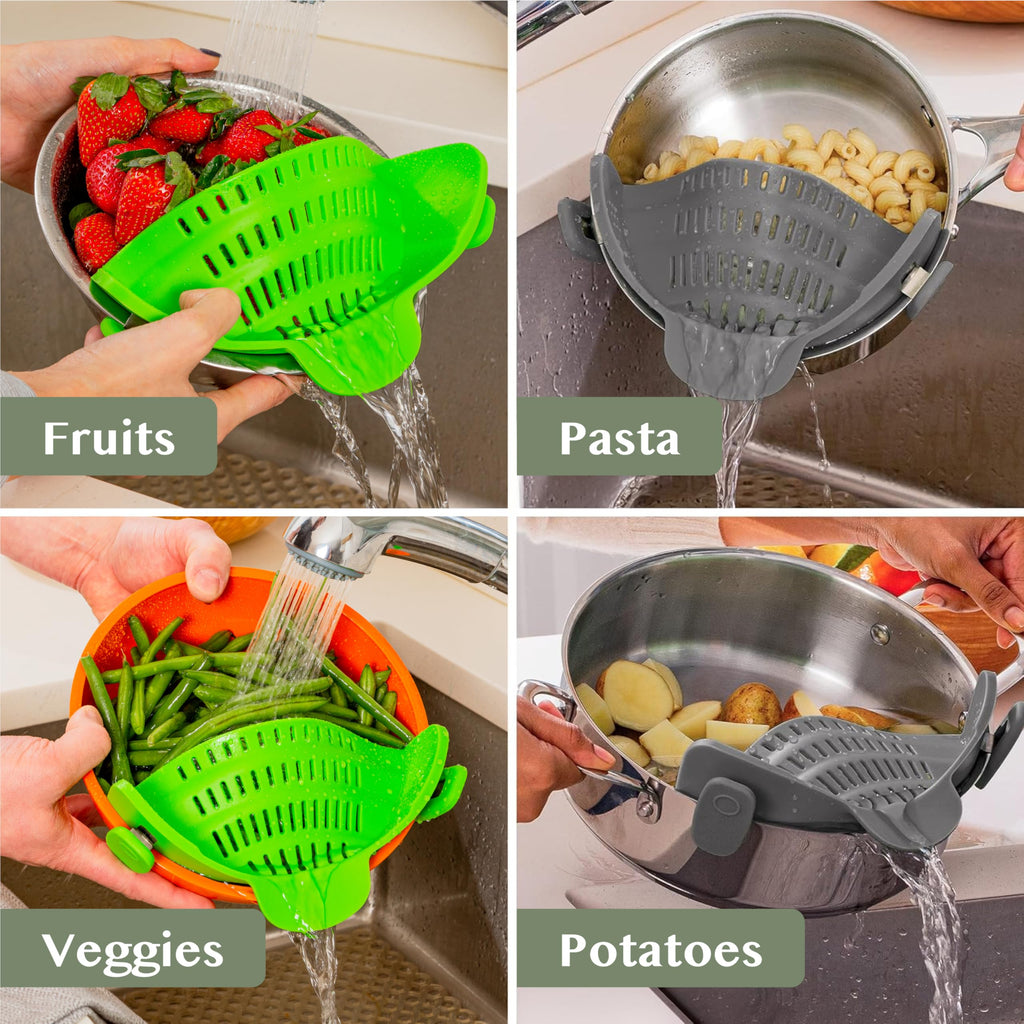Kitchen Gizmo Snap N' Strain - Silicone Pasta Strainer Clip-On for Pots and Pans - Heat Resistant Colander for Vegetables and Noodles - Kitchen Gadgets for Cooking - Space-Saving Design - Gray