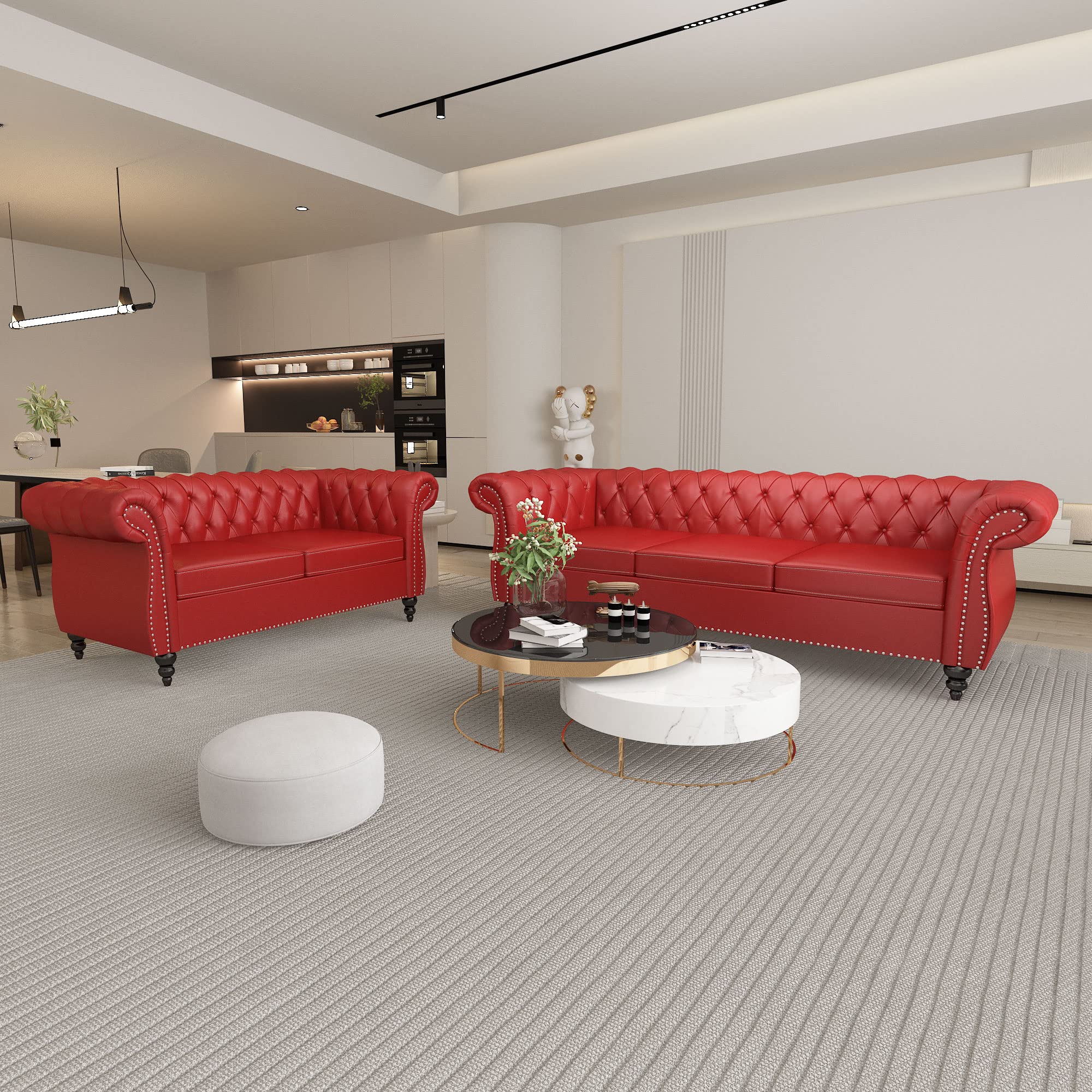 QHITTY 3 Piece Living Room Set, Sectional Chesterfield Sofa Chair Contemporary Upholstered Leather Loveseat Couch Sets for Living Room, Bedroom, Office