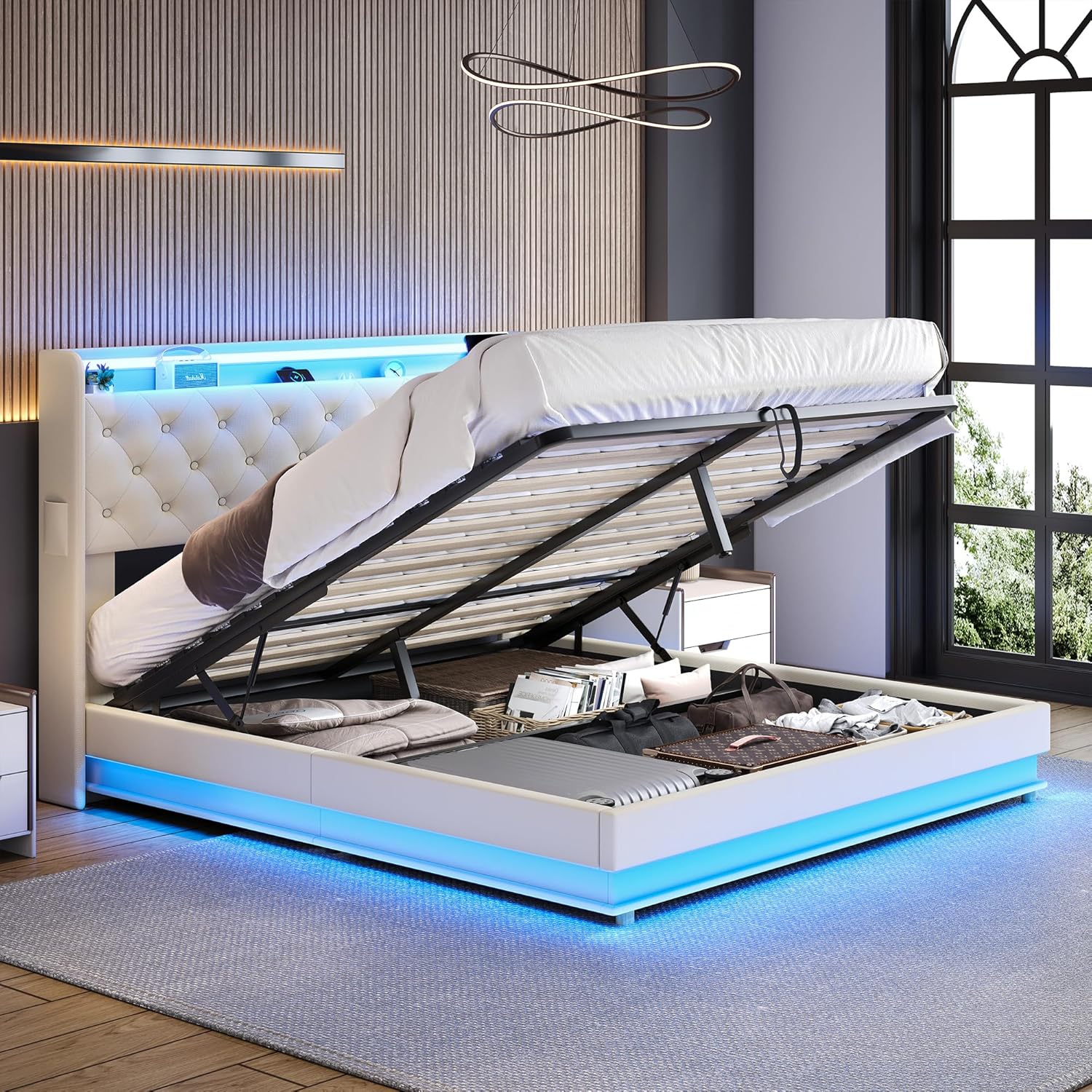 Lift Up Storage Queen Bed, Upholstered Platform Bed with Button Tufted Wingback Storage Headboard, Bed Frame Queen Size with Led Lights and Charging Station, No Box Spring Needed, Grey