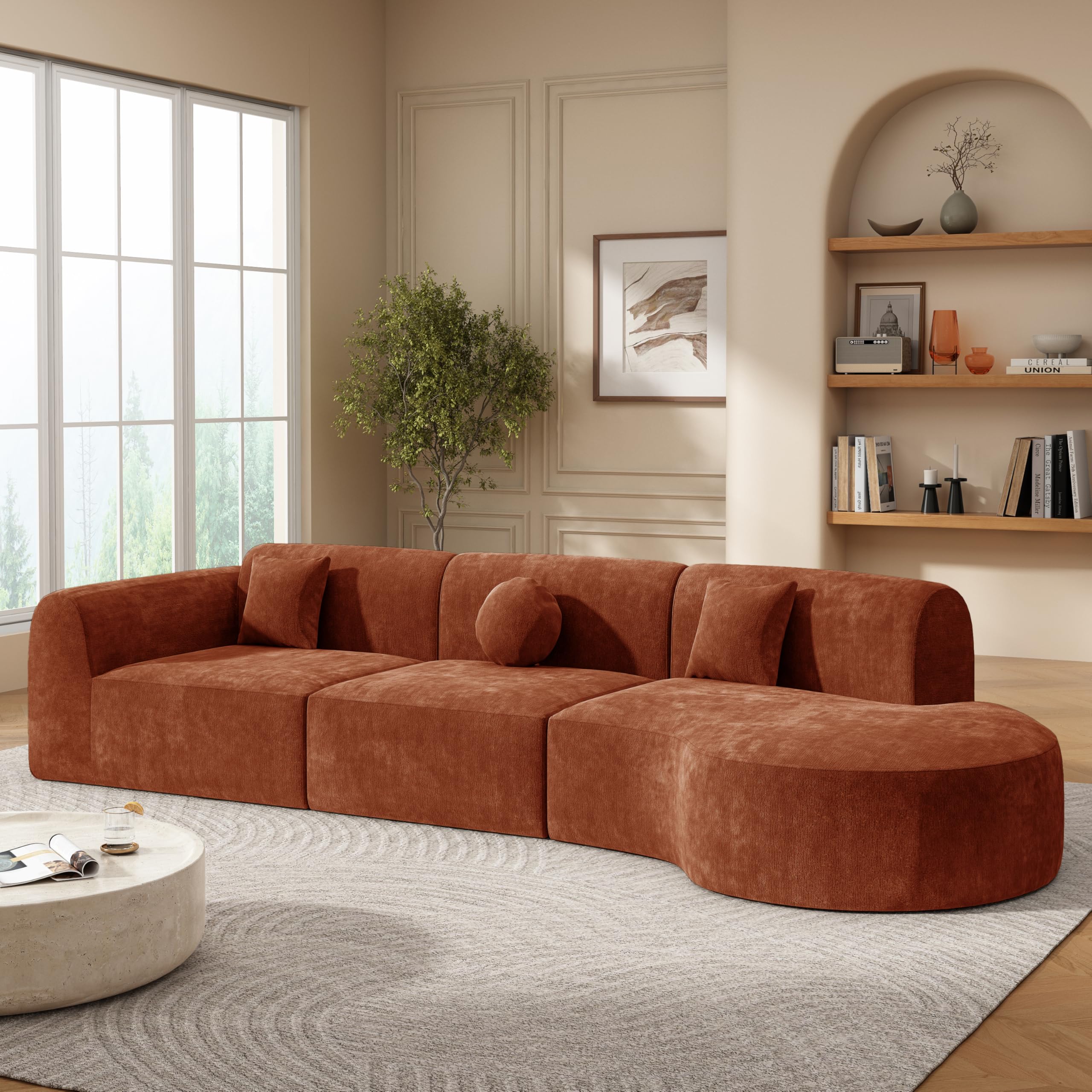 Merax 140" Curved Polyester Sectional Sofa Set, Modern Cloud Couch with Chaise Lounge & 3 Pillows, Fully Assembled for Living Room, Beige